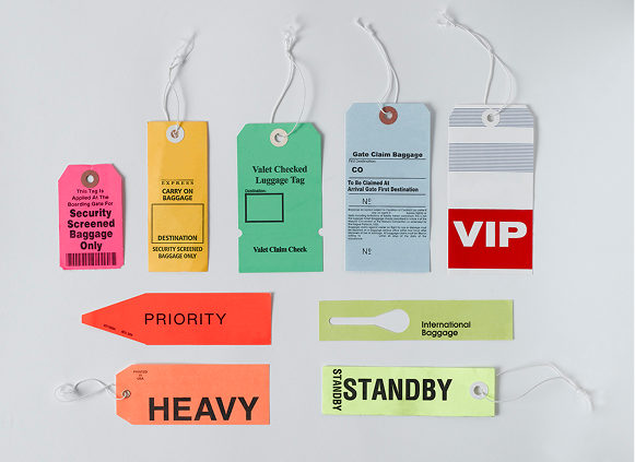 Assorted baggage labels in different colors