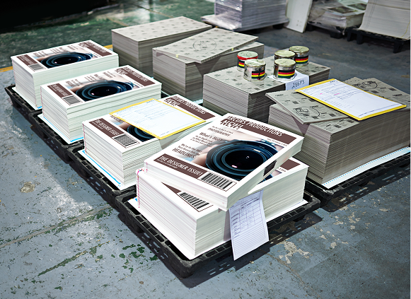 Stacks of magazines in a printing press